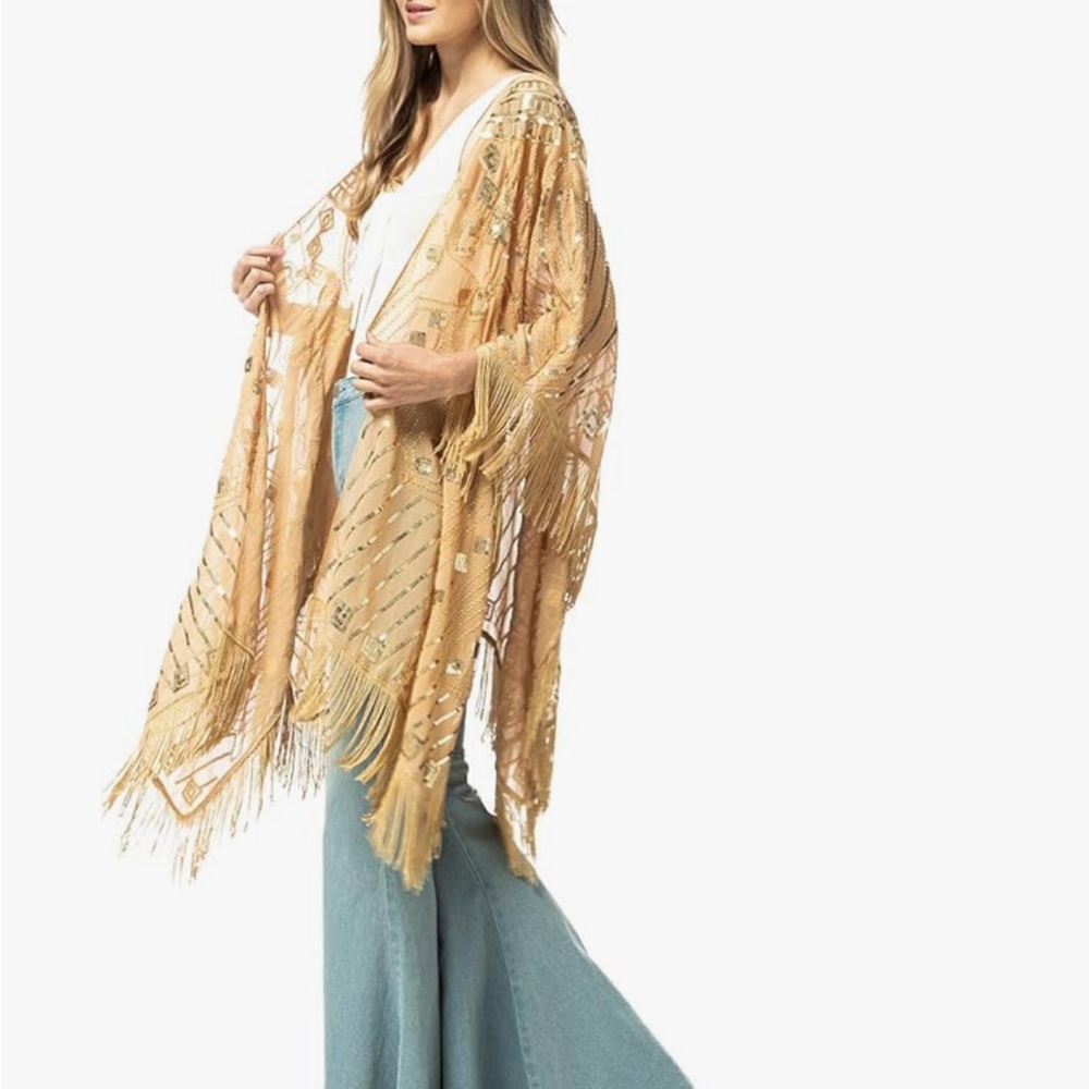 Bohemian Kimono Shawl with Fringe and Sequins